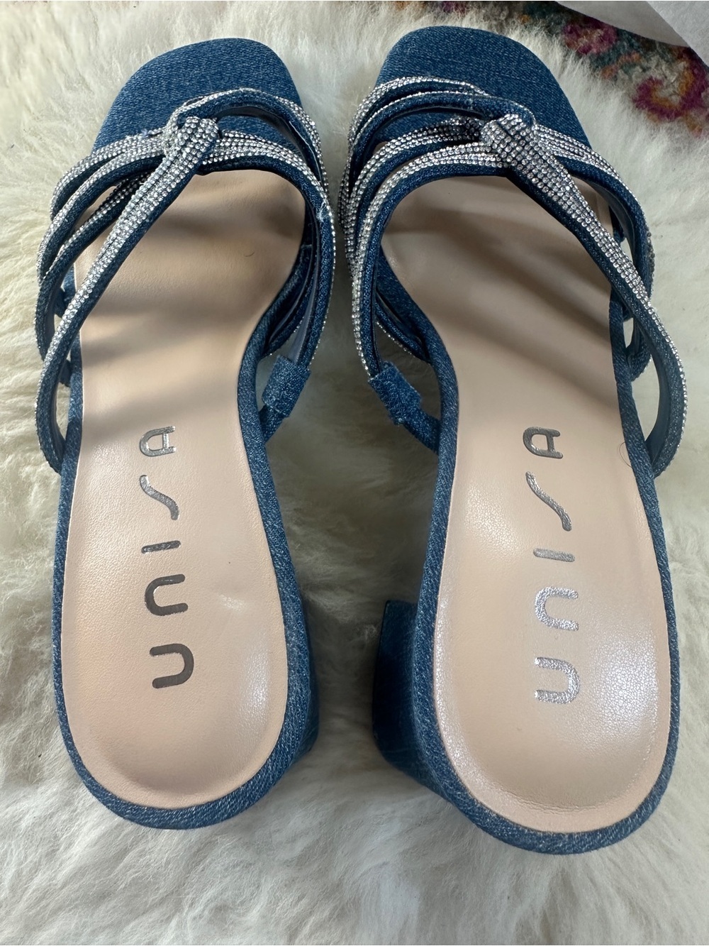 Unisa Denim Rhinestone Sandals Womens 7 Blue Block Heel Open Toe New - Picture 5 of 9